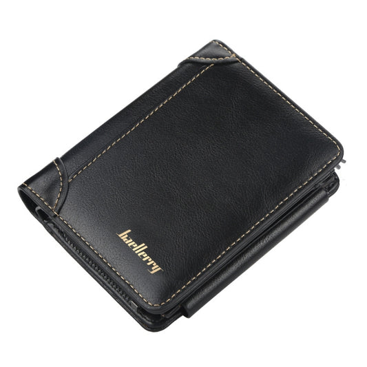 Black tri-fold zip coin purse card holder with stitched edges and logo