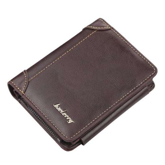 Coffee-brown tri-fold zip coin purse card holder with stitched trim and logo