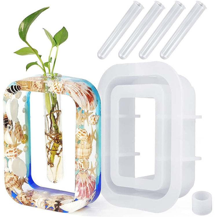 Square epoxy vase mold with clear test tube holders and stacked clear tubes