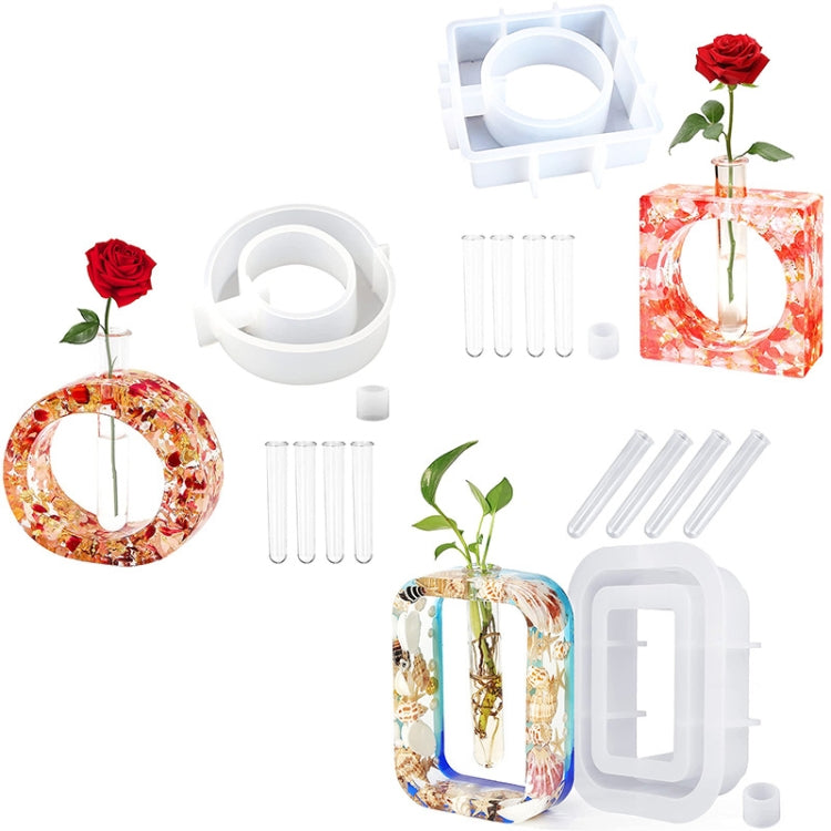 Assorted epoxy vase molds with test tubes, including round, square, and heart shapes