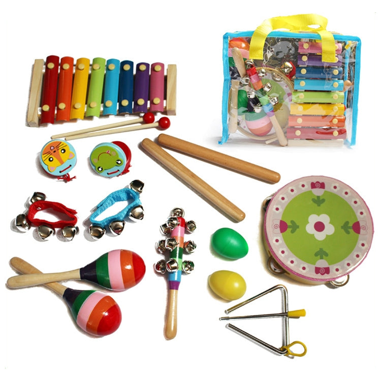 14-piece kids Orff percussion set with xylophone, maracas, shakers, bells, triangle, drum