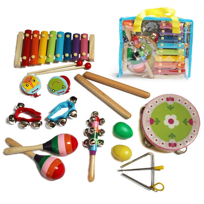 14-piece kids Orff percussion set with xylophone, maracas, shakers, bells, triangle, drum