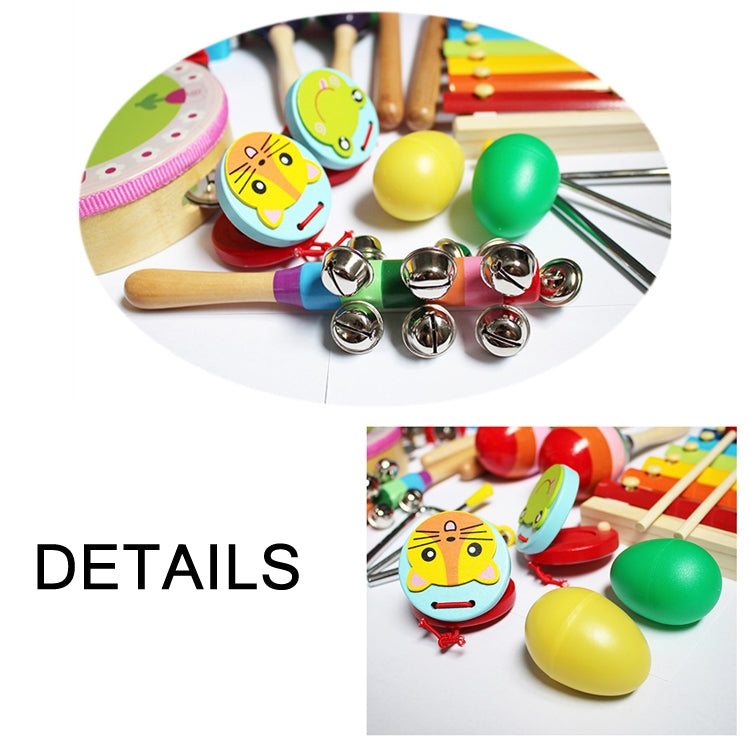 Kids percussion set details: cartoon tambourine, metal bells, egg shakers, wooden mallets