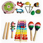 Kids Orff percussion set with painted tambourine, xylophone, maracas, bell chimes, triangle