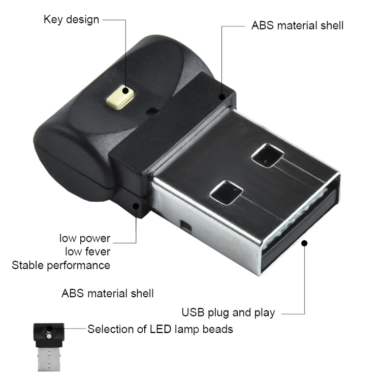 Car USB LED atmosphere light with black ABS shell and silver USB connector