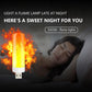 USB LED flame lamp on a bedside setting, glowing orange-yellow flame effect