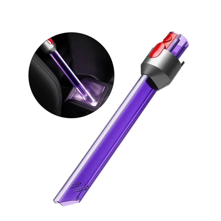 Purple LED crevice tool attachment with gray/red connector and illuminated nozzle