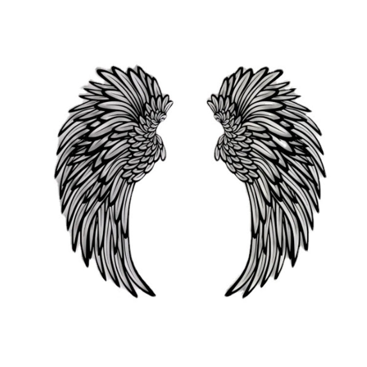 Black engraved metal angel wing wall hanging pair, isolated front view, no lights