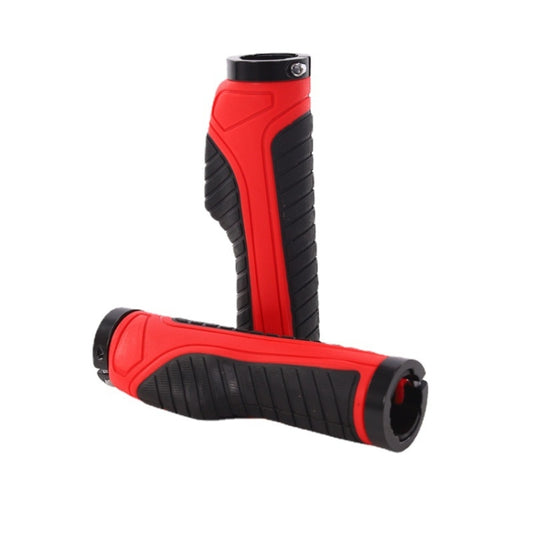 Red and black anti-slip bicycle handlebar grips with textured rubber finish.