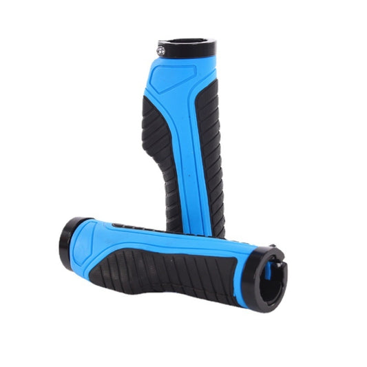 Blue and black anti-slip bicycle handlebar grips with textured rubber grip surface.