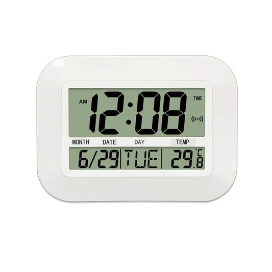 Wall-mounted digital alarm clock, white case with large LED time, date, and temperature