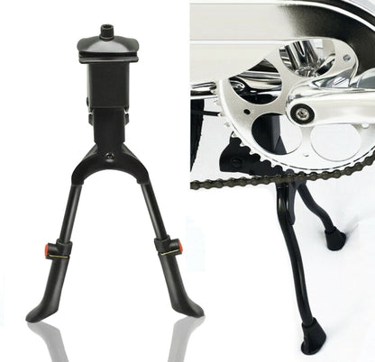 Adjustable black bicycle middle stand foot support with two legs and wide base