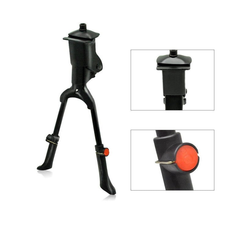 Black bicycle foot support stand with adjustable height legs and mounting clip