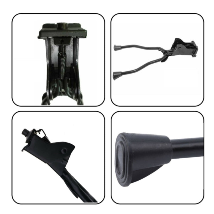 Black bicycle foot support stand kit with spring, bracket, and hardware pieces