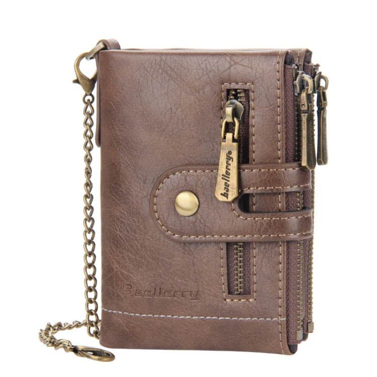 Brown leather-look tri-fold short wallet with double zippers and chain strap