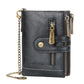 Black leather-look tri-fold short wallet with double zippers and chain strap
