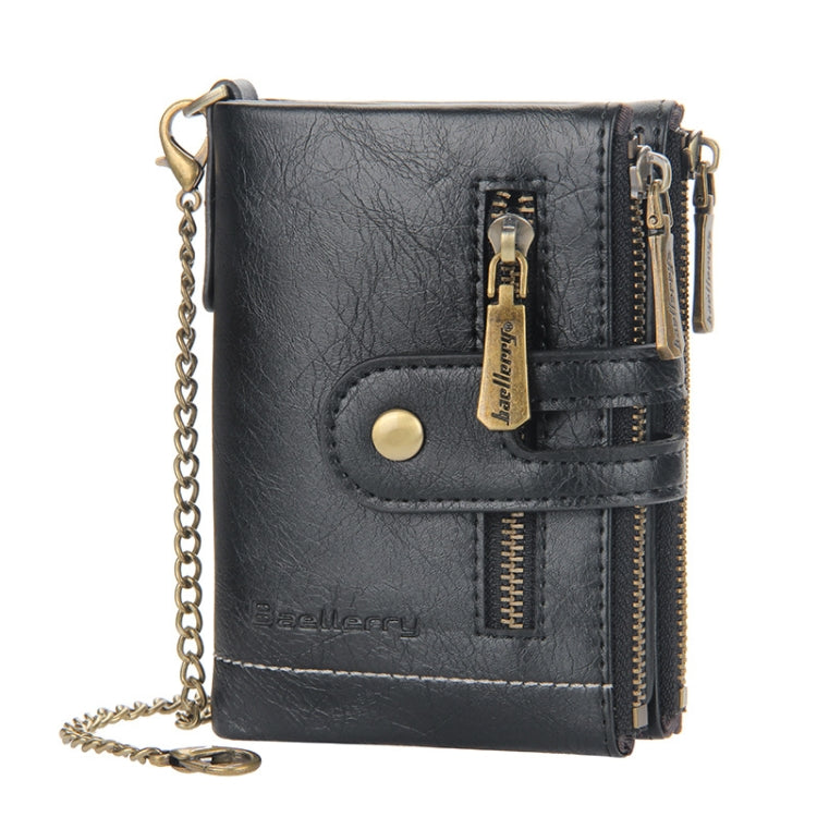 Black leather-look tri-fold short wallet with double zippers and chain strap