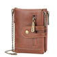 Brown leather-look tri-fold short wallet with double zippers and chain strap