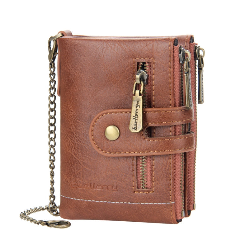 Brown leather-look tri-fold short wallet with double zippers and chain strap