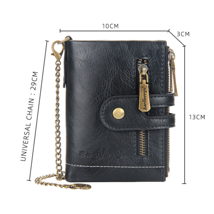 Black leather-look tri-fold short wallet with double zippers and chain strap, size view