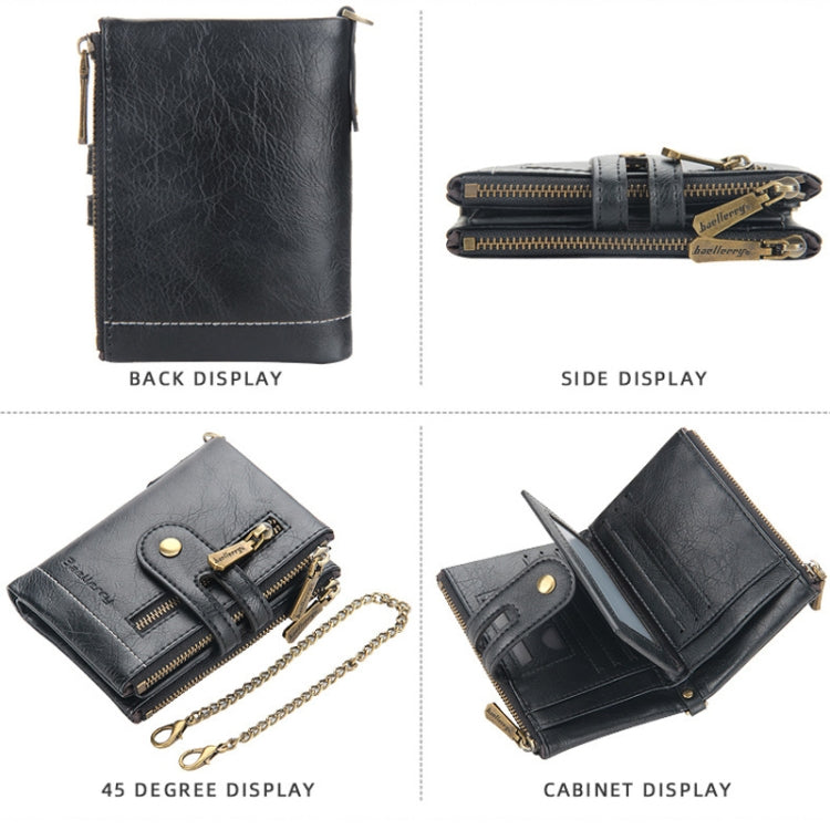 Black leather-look tri-fold short wallet shown in multiple angles, zipper and chain