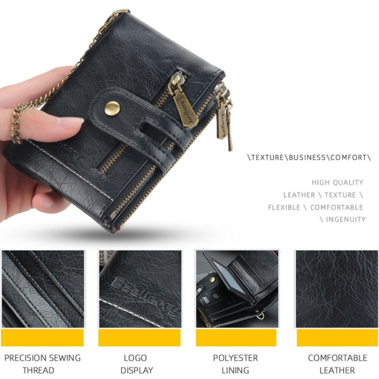 Black leather-look tri-fold short wallet close-up with double zippers and card window