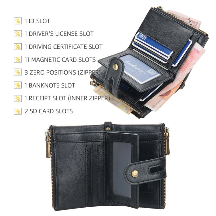 Black tri-fold zipper wallet interior layout with multiple card slots and bill section