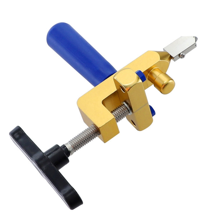 Handheld tile cutting tool with blue handle, gold metal frame, and black pressure lever