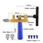 Handheld tile cutter tool with blue handle, gold aluminum body, and included spacer pieces
