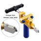 Handheld tile cutter tool with gold frame and close-up view of the metal cutting wheel