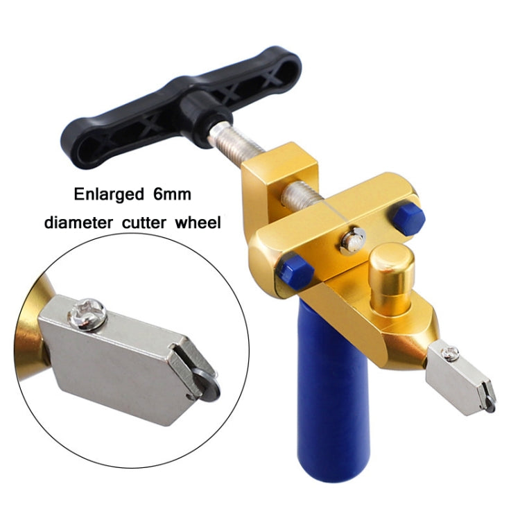Handheld tile cutter tool with gold frame and close-up view of the metal cutting wheel