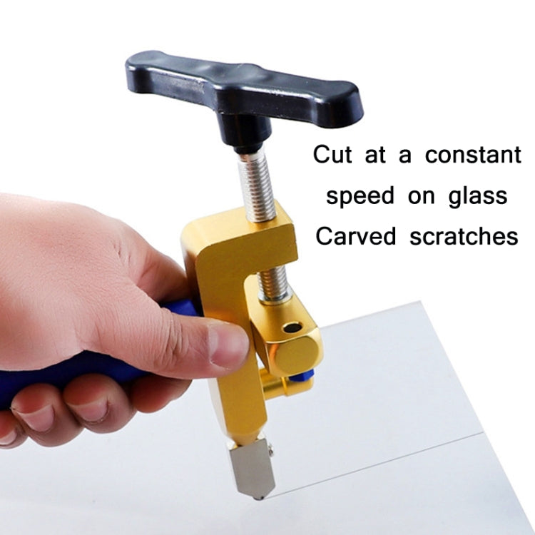 Handheld tile cutting tool held against a glass tile, gold frame and silver cutting blades