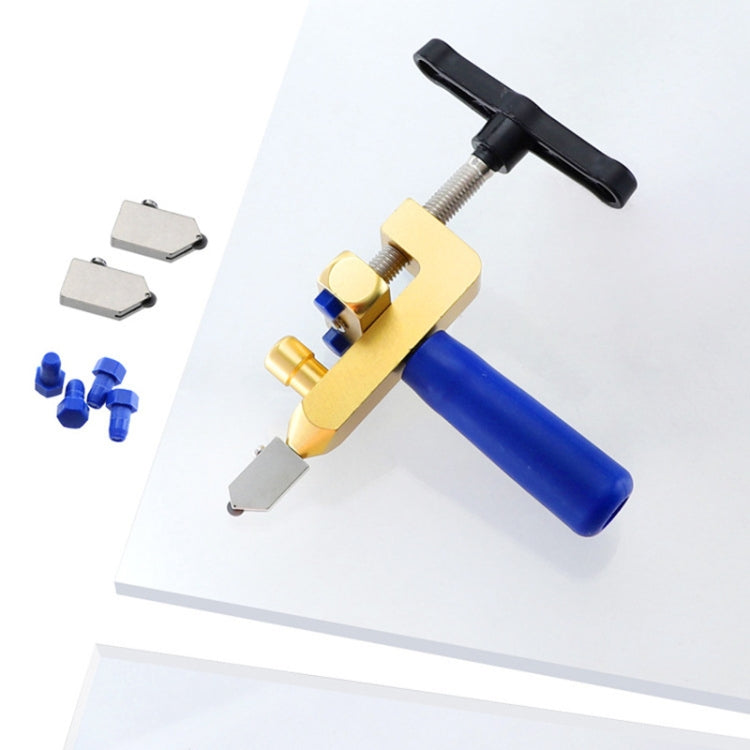 Handheld tile cutting tool with blue handle, gold body, and extra metal cutters and spacers