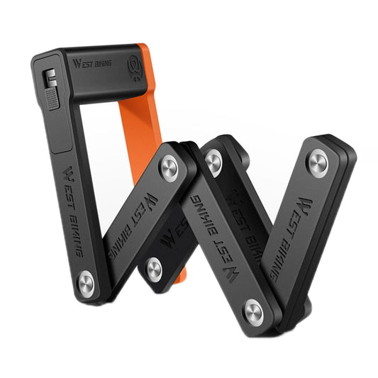 Folding bicycle chain lock with black and orange links and metal clasp plates