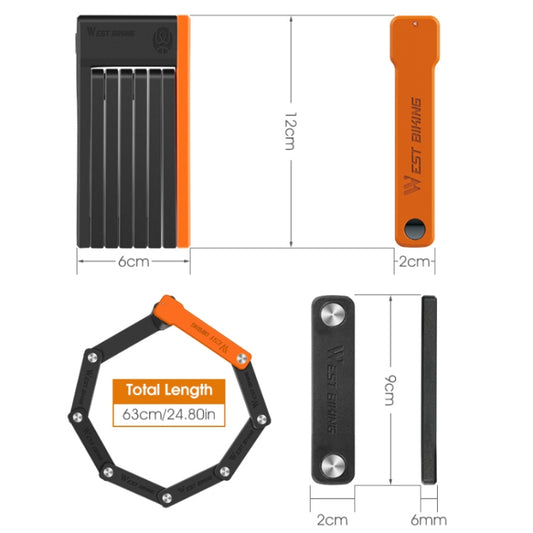 Orange and black folding bicycle chain lock with curved hinge plates