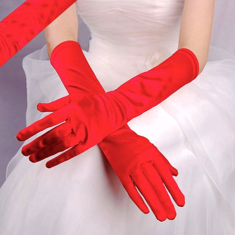 Red long satin gloves with fingerless-style five-finger design and wrist-length cuff