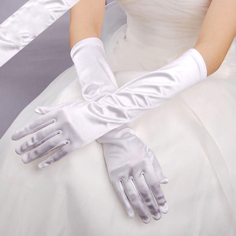 White long satin gloves with smooth cuff and five-finger hand coverage for formal wear