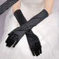 Black long satin gloves with five fingers and smooth wrist cuff for wedding styling