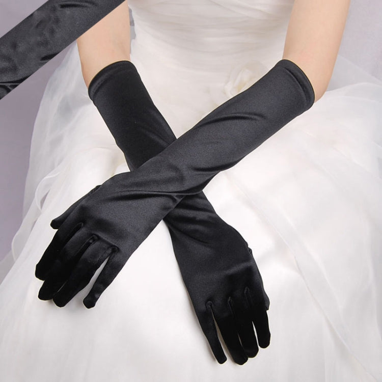 Black long satin gloves with five fingers and smooth wrist cuff for wedding styling