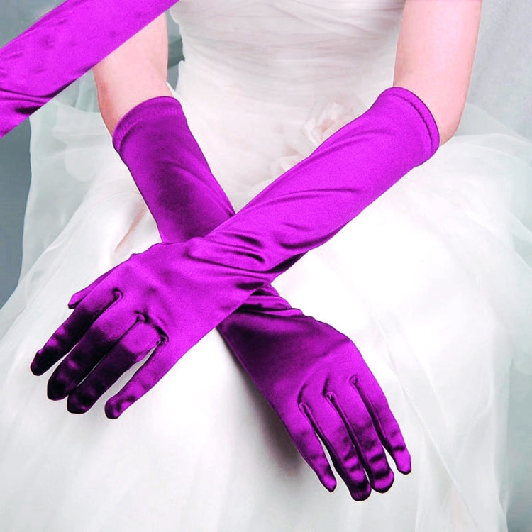 Purple long satin gloves with five-finger hand coverage and gathered wrist cuff