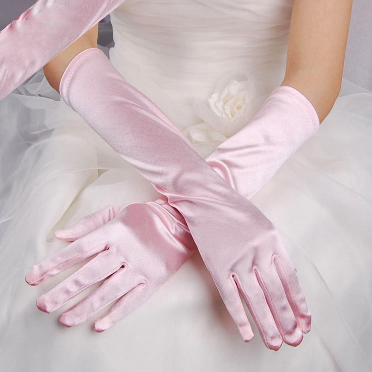 Light pink long satin gloves with five fingers and soft wrist-length cuff