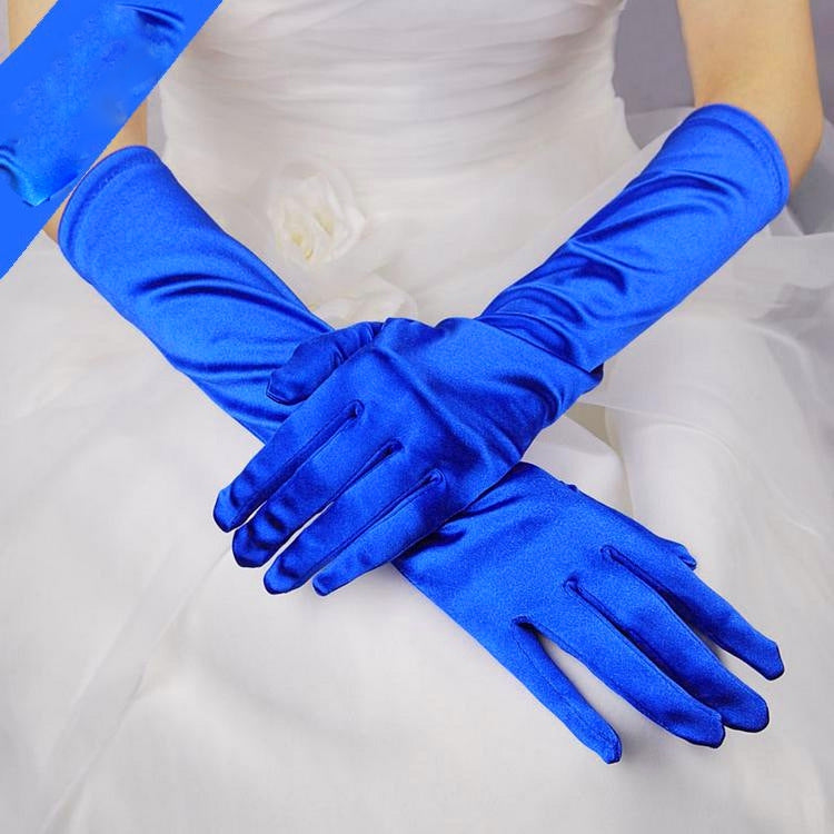 Royal blue long satin gloves with five-finger design and gathered wrist cuff