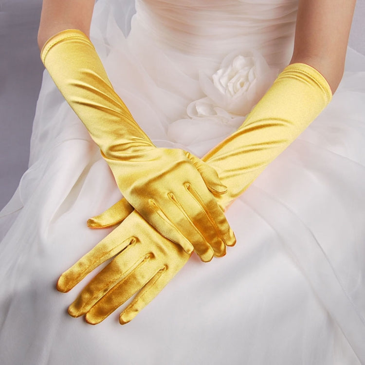 Bright yellow long satin gloves with five fingers and fitted wrist cuff
