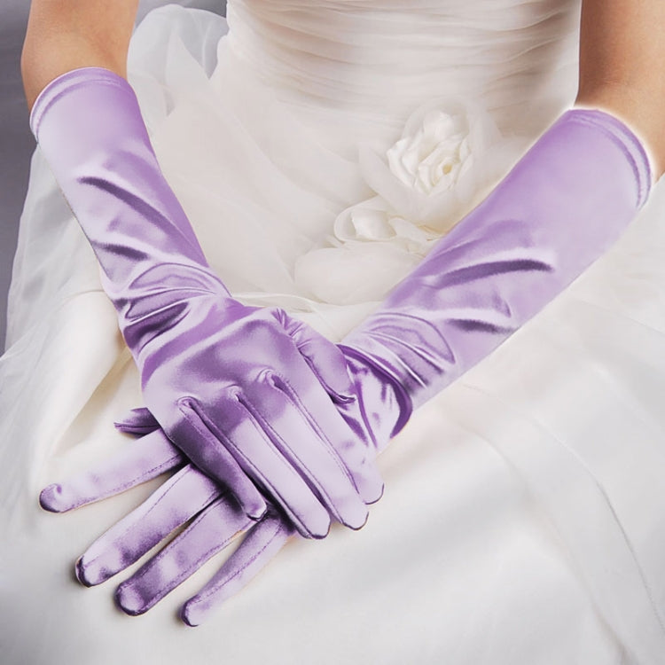 Lavender long satin gloves with five-finger hand coverage and stitched wrist cuff