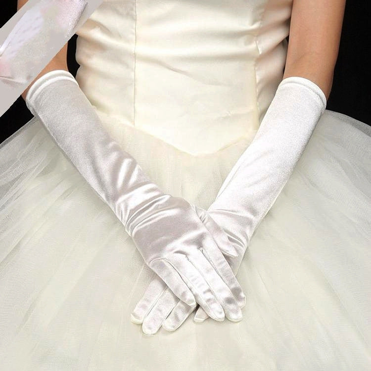 Silver white long satin gloves with five fingers and smooth wrist cuff