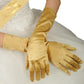 Champagne gold long satin gloves with five-finger design and wrist-length cuff