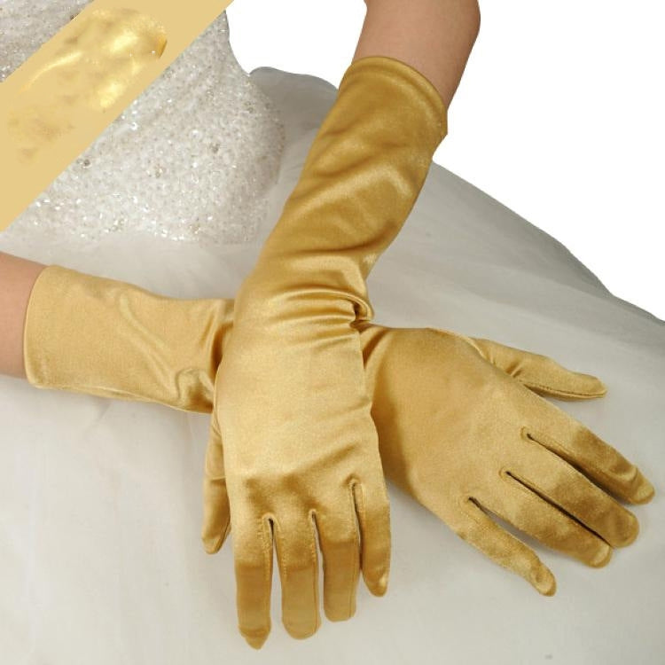 Champagne gold long satin gloves with five-finger design and wrist-length cuff