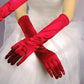 Red satin long gloves with gathered wrist and five-finger design
