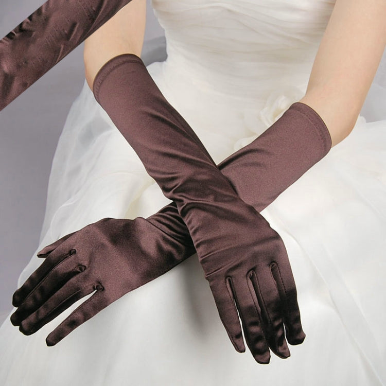 Brown satin long gloves with gathered wrist and five-finger design