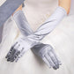 Light gray satin long gloves with gathered wrist and five-finger design